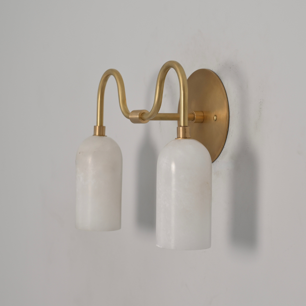 Double alabaster tube wall light in raw brass mid century design