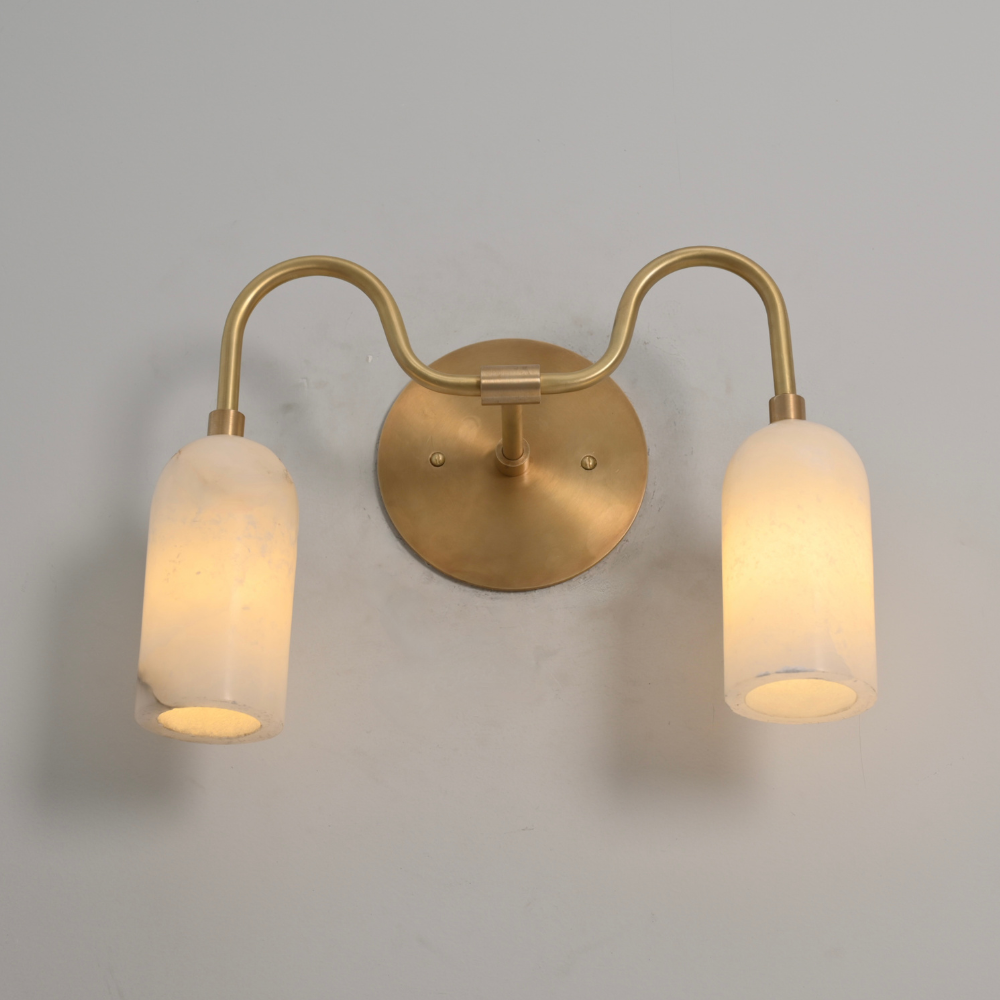 Mid century modern double wall sconce in brass and natural alabaster