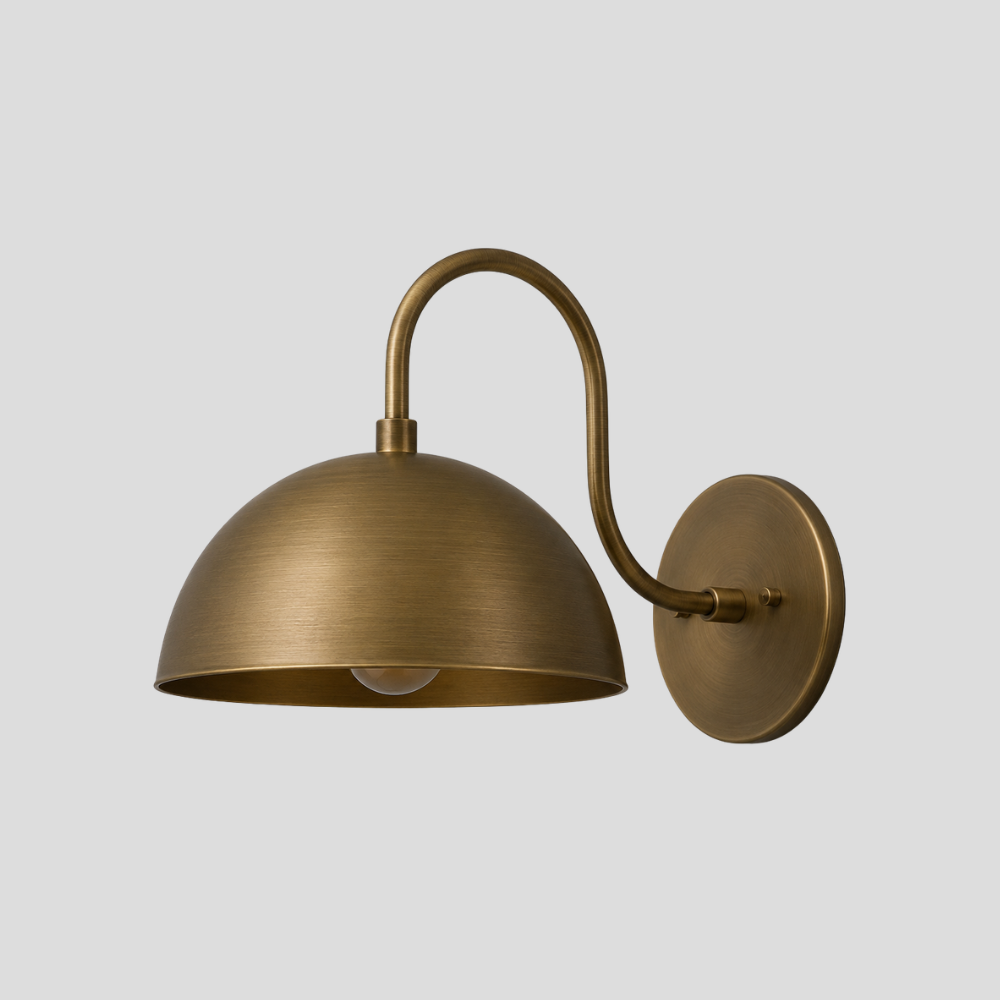 Brass Gooseneck Wall Lamp - Modern Curved Wide Dome Sconce with tall arc arm, wide half-dome shade, and round wall mount base.