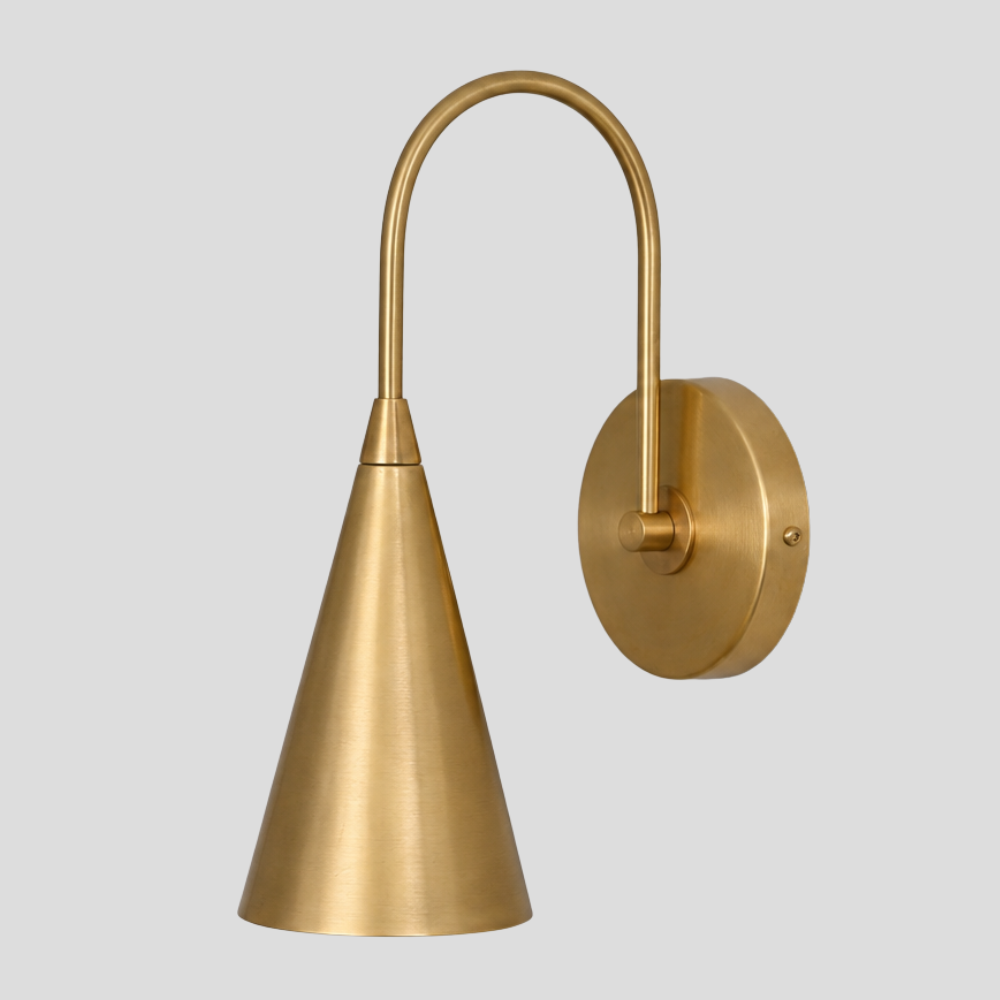 Brass Trumpet Long Cone Wall Lamp – Mid Century Curved Gooseneck Sconce with raw brass finish, curved arc arm, and tapered trumpet shade