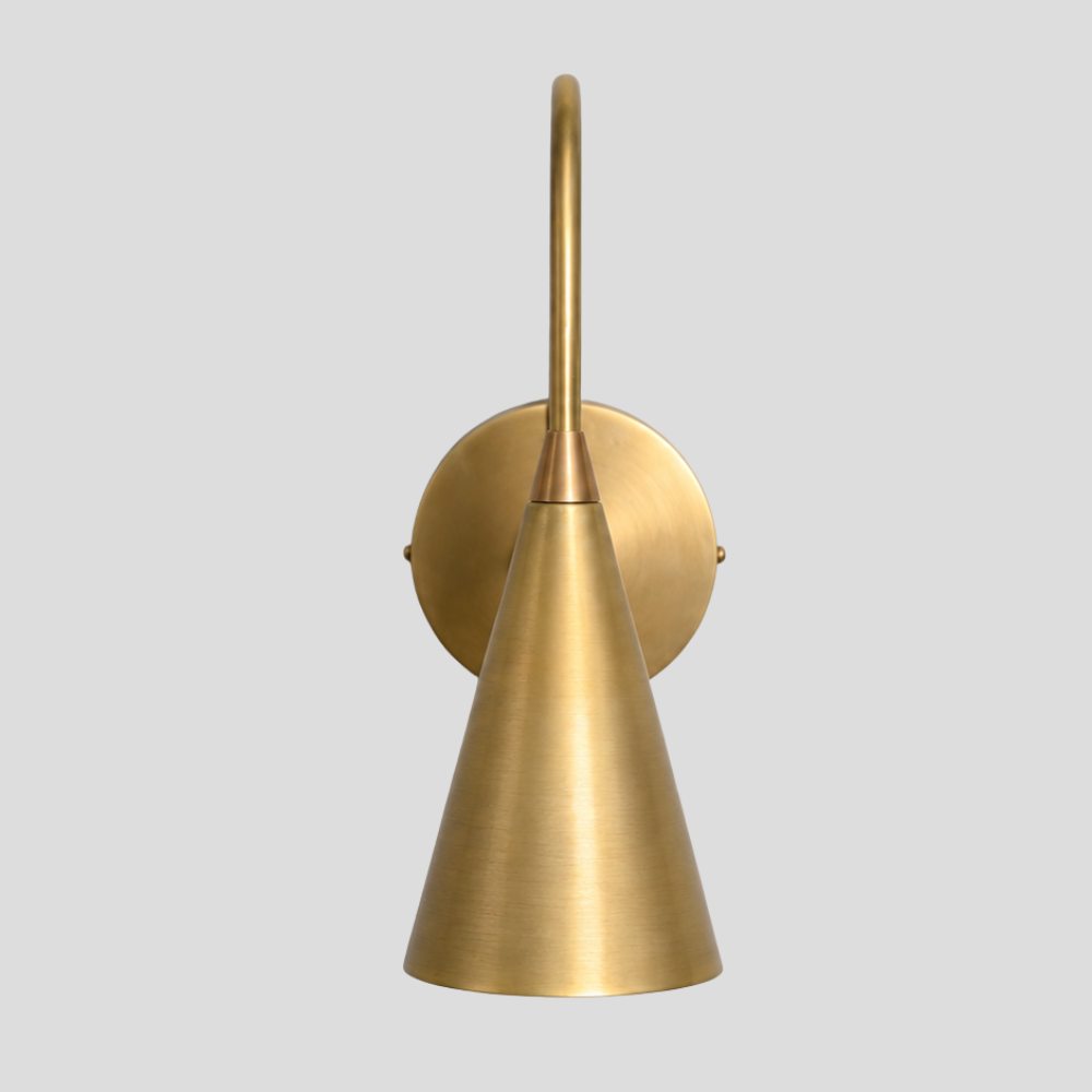 Brass Trumpet Long Cone Wall Lamp – Mid Century Curved Gooseneck Sconce with raw brass finish, curved arc arm, and tapered trumpet shade
