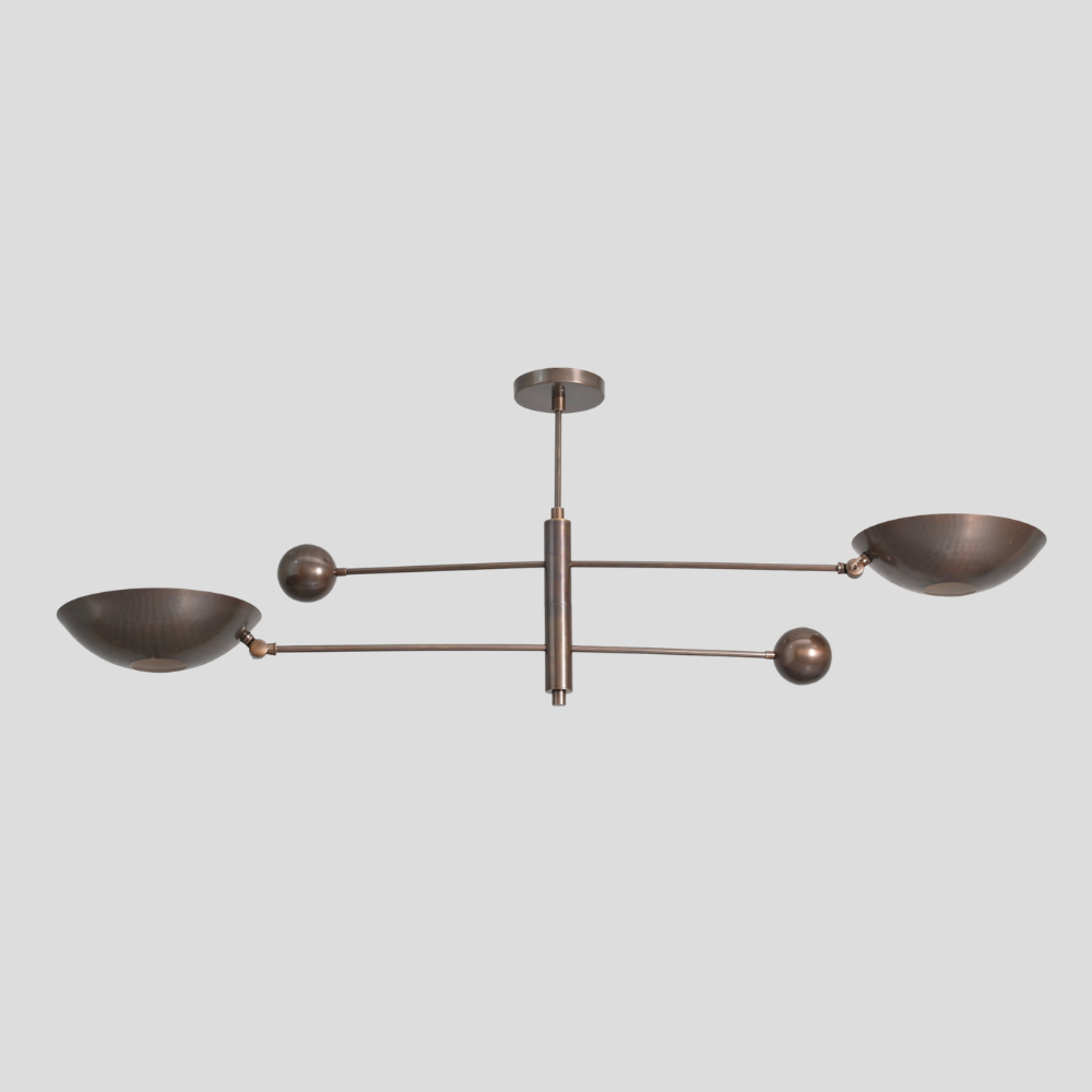 Double Arm Brass Bowl Chandelier - Mid Century Dome Ceiling Light featuring a sputnik two arm design with an antique brass finish.