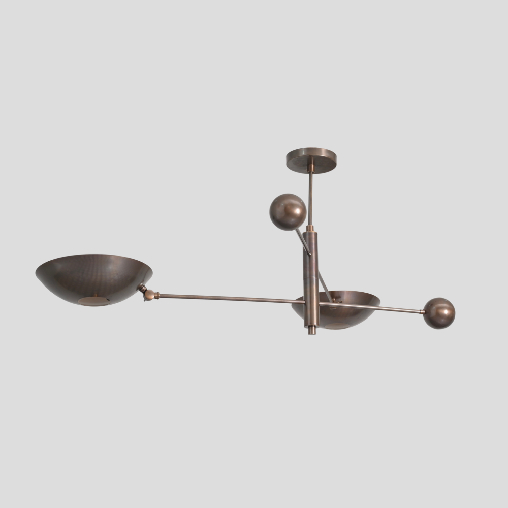 Double Arm Brass Bowl Chandelier - Mid Century Dome Ceiling Light featuring a sputnik two arm design with an antique brass finish.