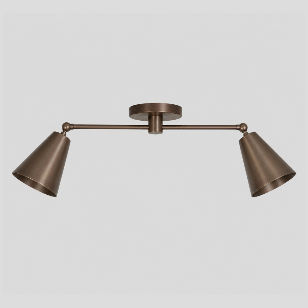 Double Brass Cone Shade Flush Mount - Adjustable Ceiling Light with two angled cone shades, horizontal linear brass arms with spherical finials, circular canopy backplate, and contemporary semi-flush mount design.