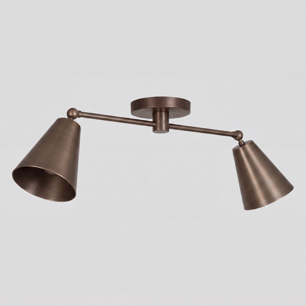 Double Brass Cone Shade Flush Mount - Adjustable Ceiling Light with two angled cone shades, horizontal linear brass arms with spherical finials, circular canopy backplate, and contemporary semi-flush mount design.