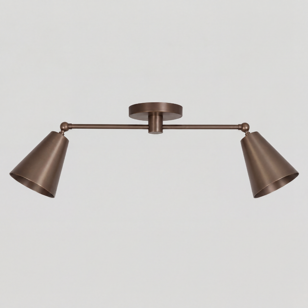 Double Brass Cone Shade Flush Mount - Adjustable Ceiling Light with two angled cone shades, horizontal linear brass arms with spherical finials, circular canopy backplate, and contemporary semi-flush mount design.