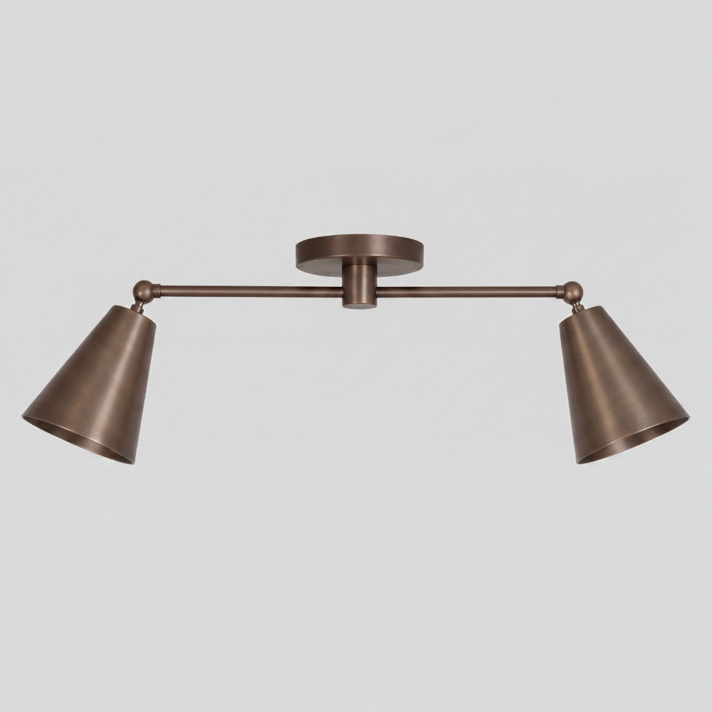 Double Brass Cone Shade Flush Mount - Adjustable Ceiling Light with two angled cone shades, horizontal linear brass arms with spherical finials, circular canopy backplate, and contemporary semi-flush mount design.
