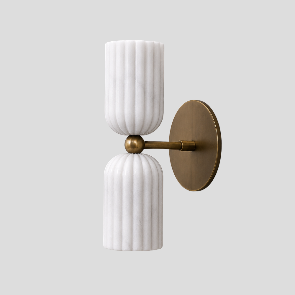Dual Fluted Alabaster Sconce - Brass Ribbed Marble Shade Wall Lamp with a vintage-style brass wall plate, ribbed marble shades and a dual alabaster marble lamp design.