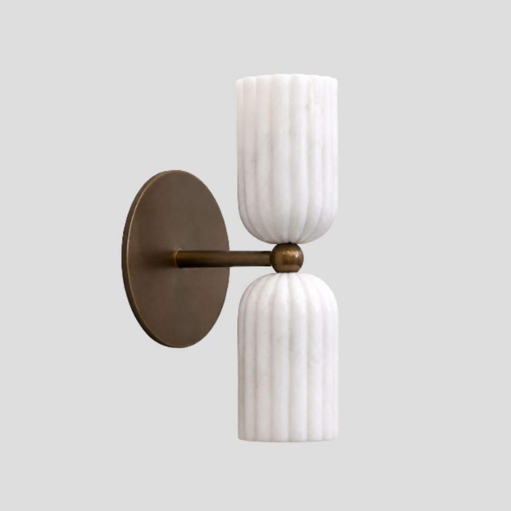 Dual Fluted Alabaster Sconce - Brass Ribbed Marble Shade Wall Lamp with a vintage-style brass wall plate, ribbed marble shades and a dual alabaster marble lamp design.