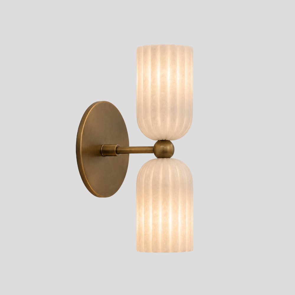 Dual Fluted Alabaster Sconce - Brass Ribbed Marble Shade Wall Lamp with a vintage-style brass wall plate, ribbed marble shades and a dual alabaster marble lamp design.