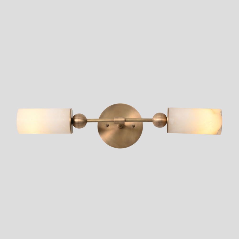 Horizontal brass vanity wall lamp with alabaster shades