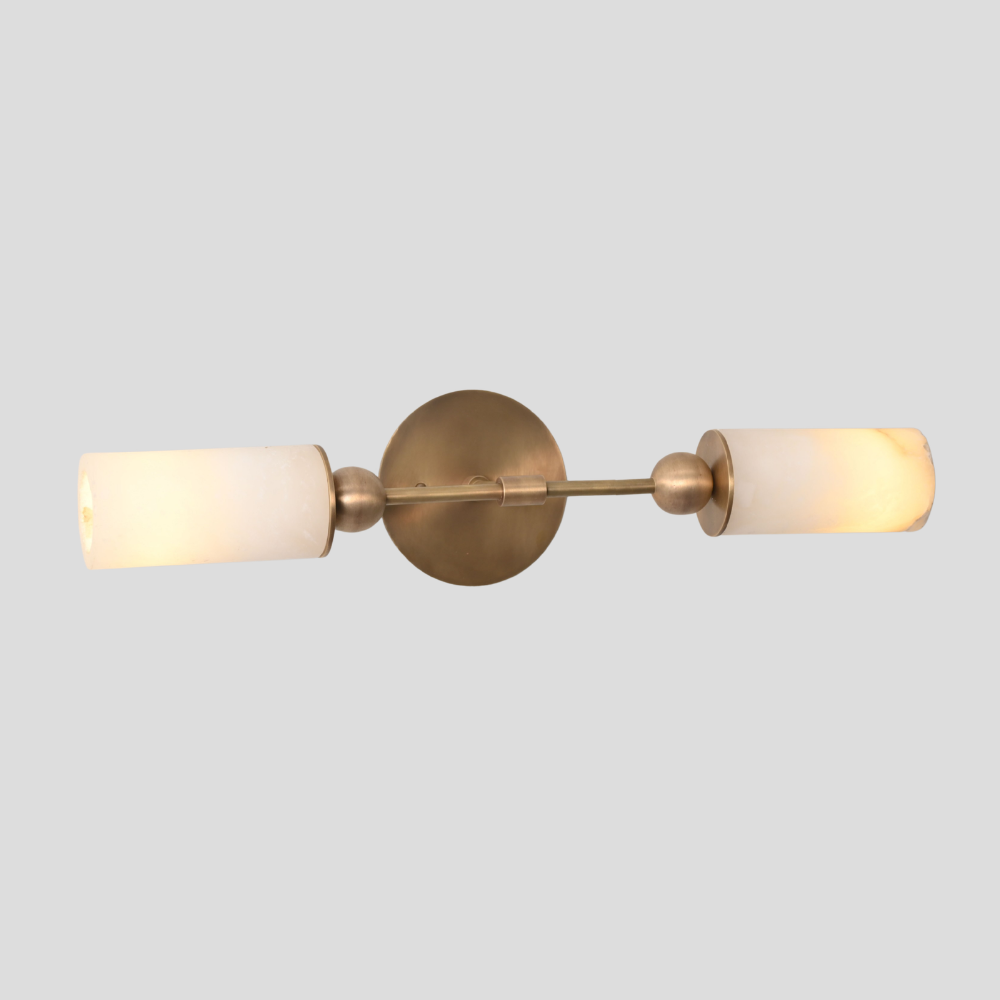 Mid century brass vanity wall light with marble shades