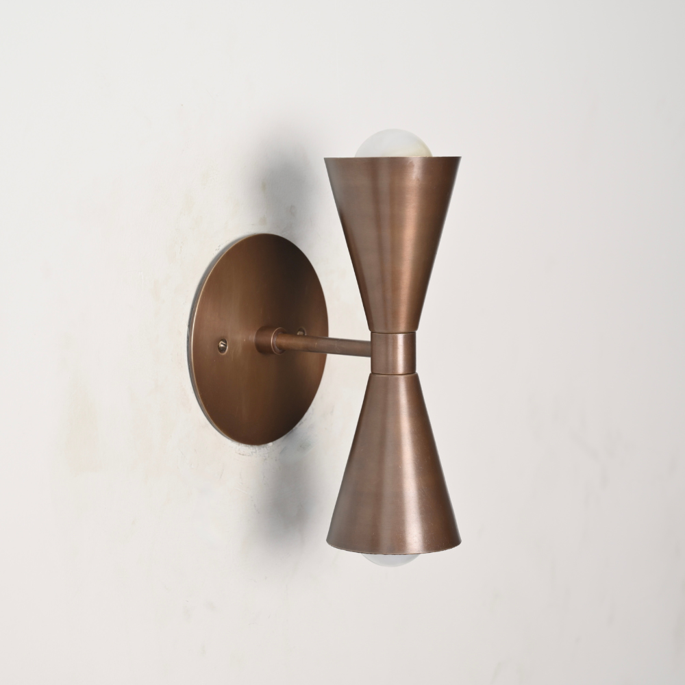 Modern minimalist double brass globe wall sconce with a dual cone shaped handcrafted by LightCove