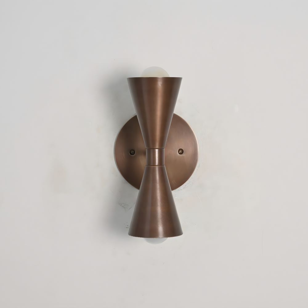 Mid century modern dual cone wall sconce with a double frosted glass globe handcrafted in a premium brass finish by LightCove