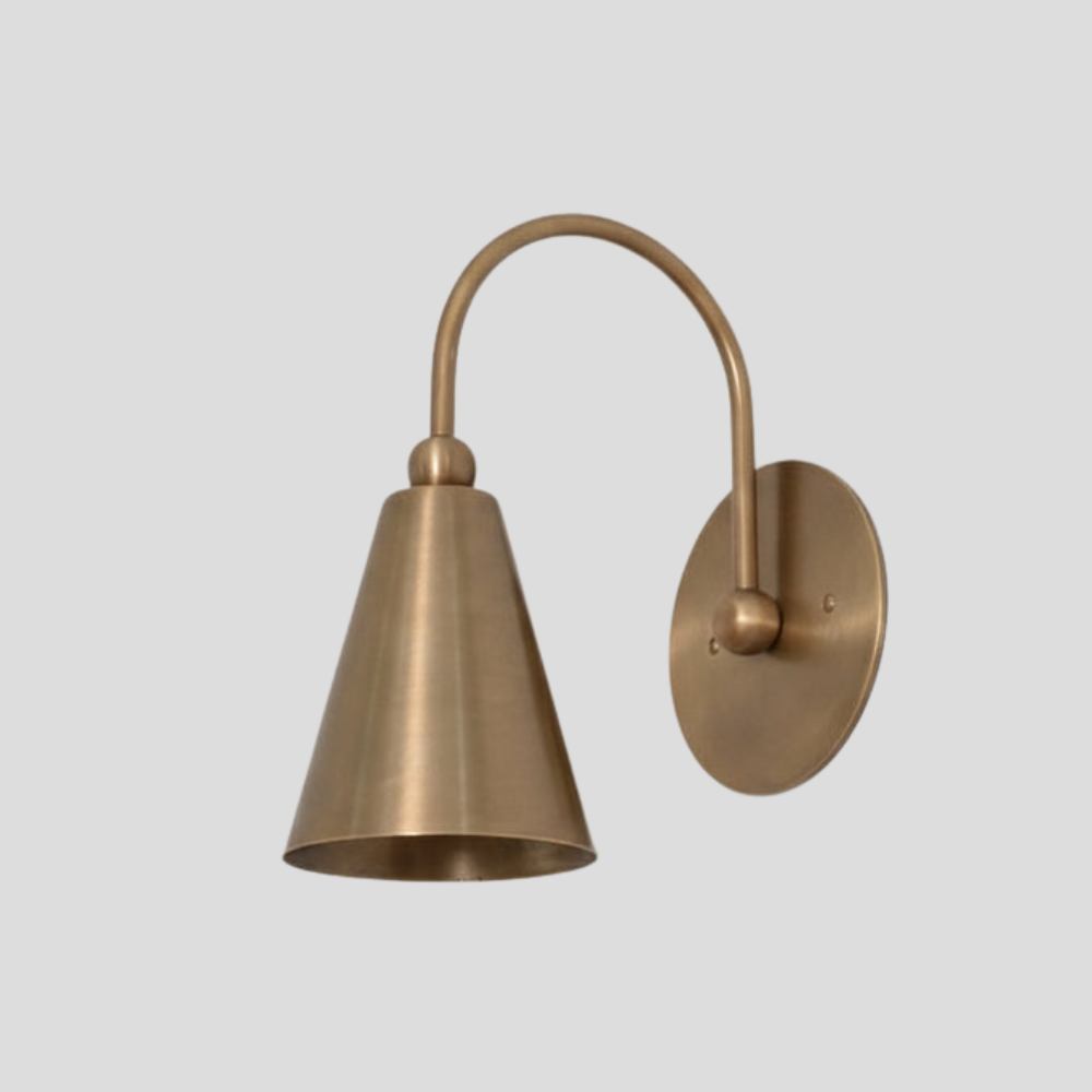 Modern Brass Cone Shade Sconce - Curved Gooseneck Wall Light with arc arm, tapered cone shade, and round wall mount base