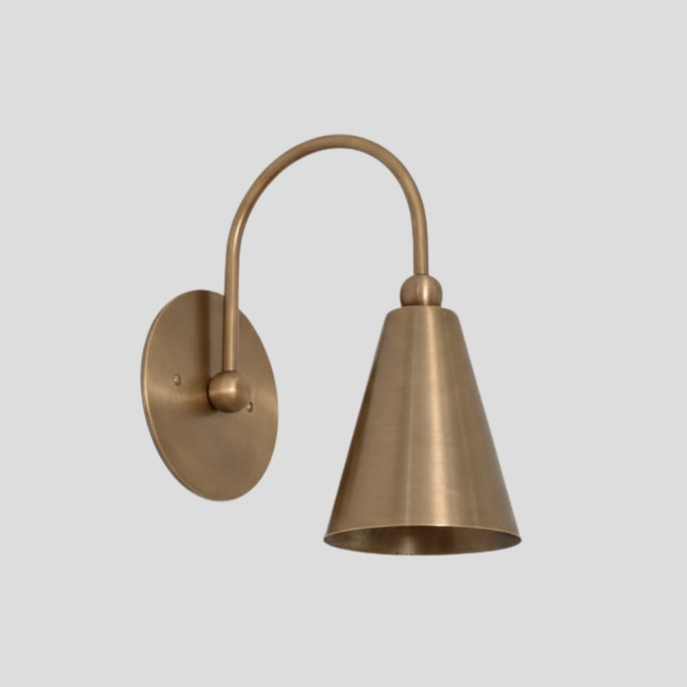 Modern Brass Cone Shade Sconce - Curved Gooseneck Wall Light with arc arm, tapered cone shade, and round wall mount base