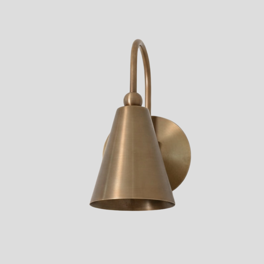 Modern Brass Cone Shade Sconce - Curved Gooseneck Wall Light with arc arm, tapered cone shade, and round wall mount base