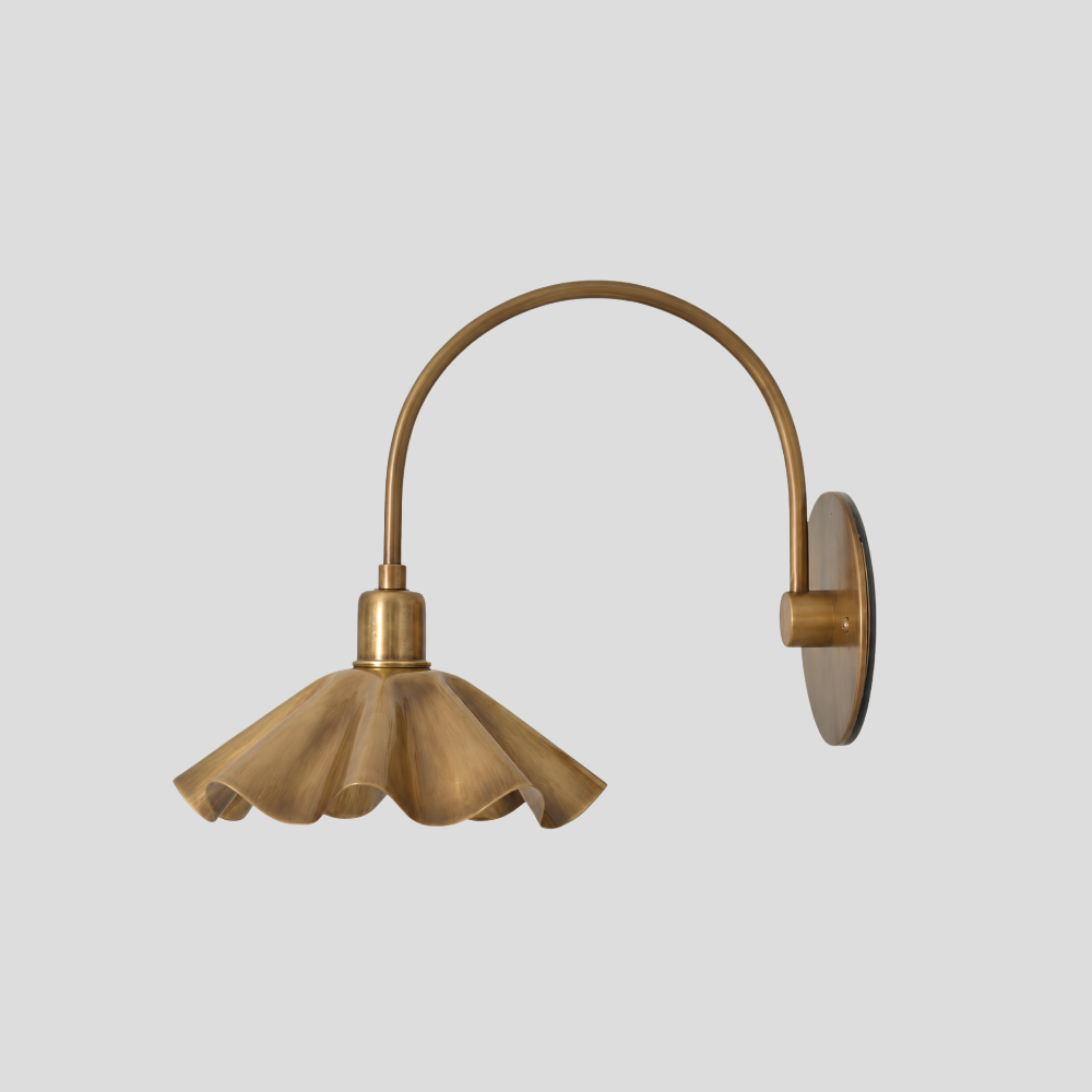 Modern Brass Ruffled Petal Shade Wall Lamp - Curved Flower Gooseneck Sconce with tall arc arm, petal shade, ruffles, and flower-inspired design