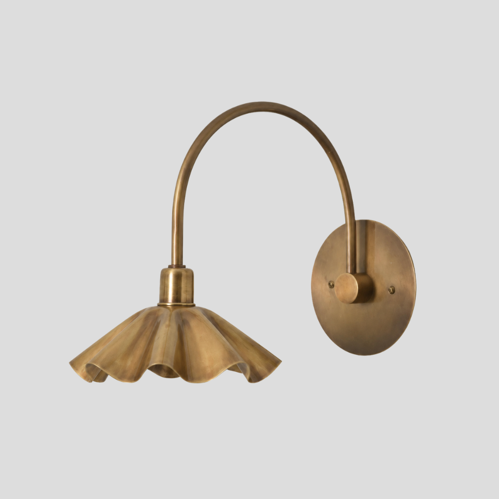 Modern Brass Ruffled Petal Shade Wall Lamp - Curved Flower Gooseneck Sconce with tall arc arm, petal shade, ruffles, and flower-inspired design