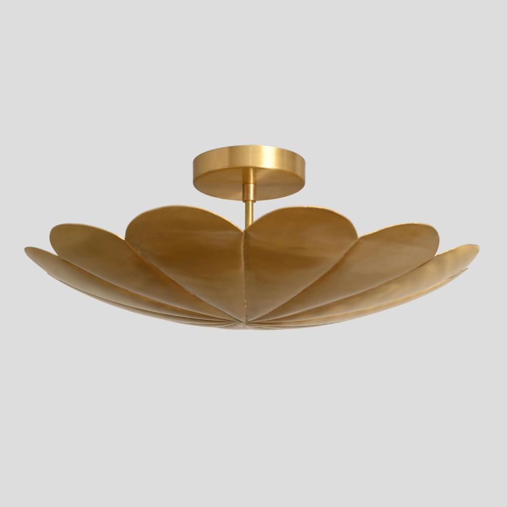 vintage modern brass dome semi flush mount on a gray background