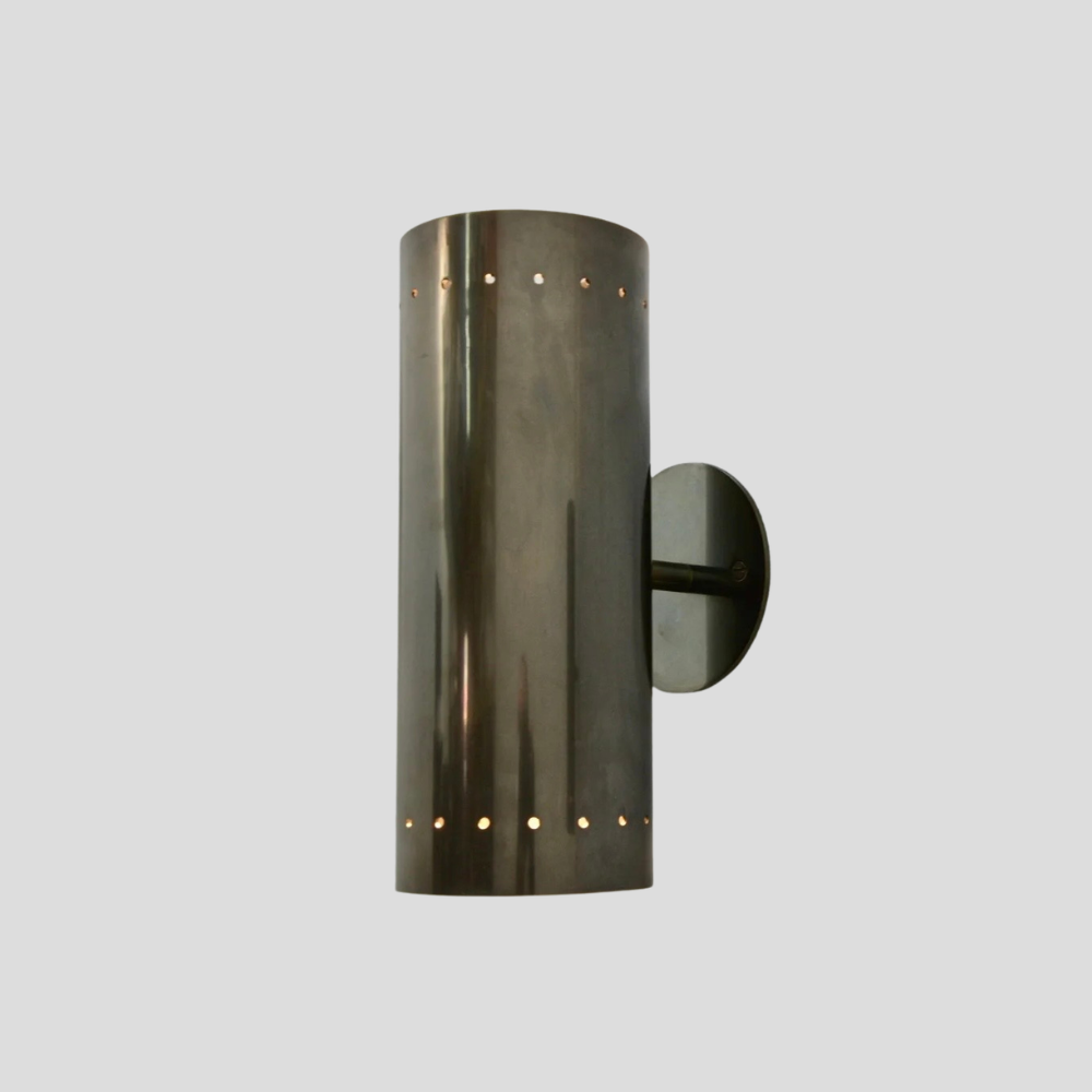 Perforated Brass Cylinder Sconce - Double Up & Down Wall Light with vertical brass tube, perforated up & down 2 light design, and round wall mount base