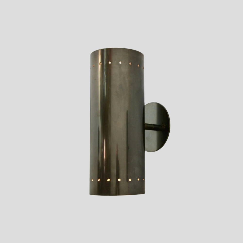 Perforated Brass Cylinder Sconce - Double Up & Down Wall Light with vertical brass tube, perforated up & down 2 light design, and round wall mount base