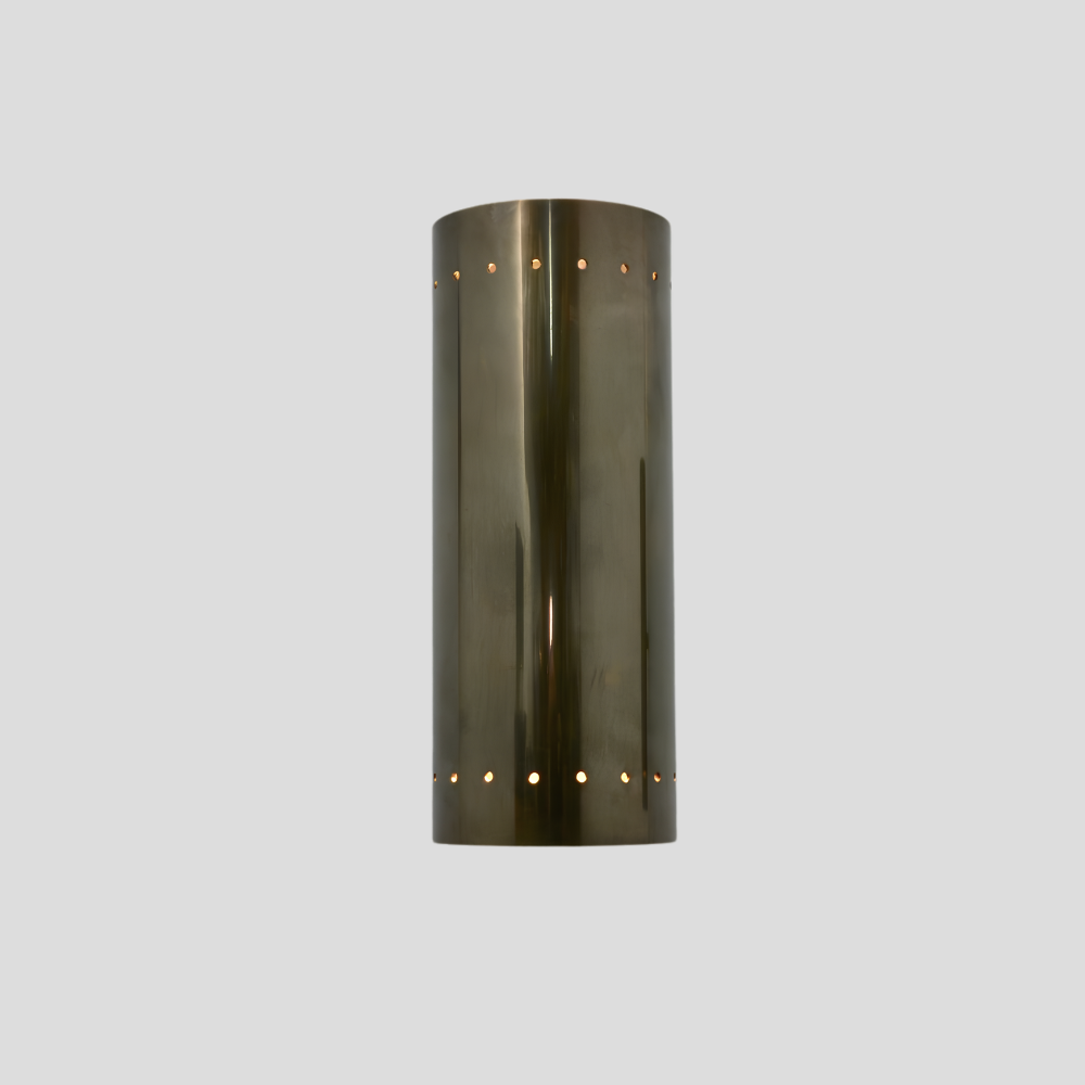 Perforated Brass Cylinder Sconce - Double Up & Down Wall Light with vertical brass tube, perforated up & down 2 light design, and round wall mount base
