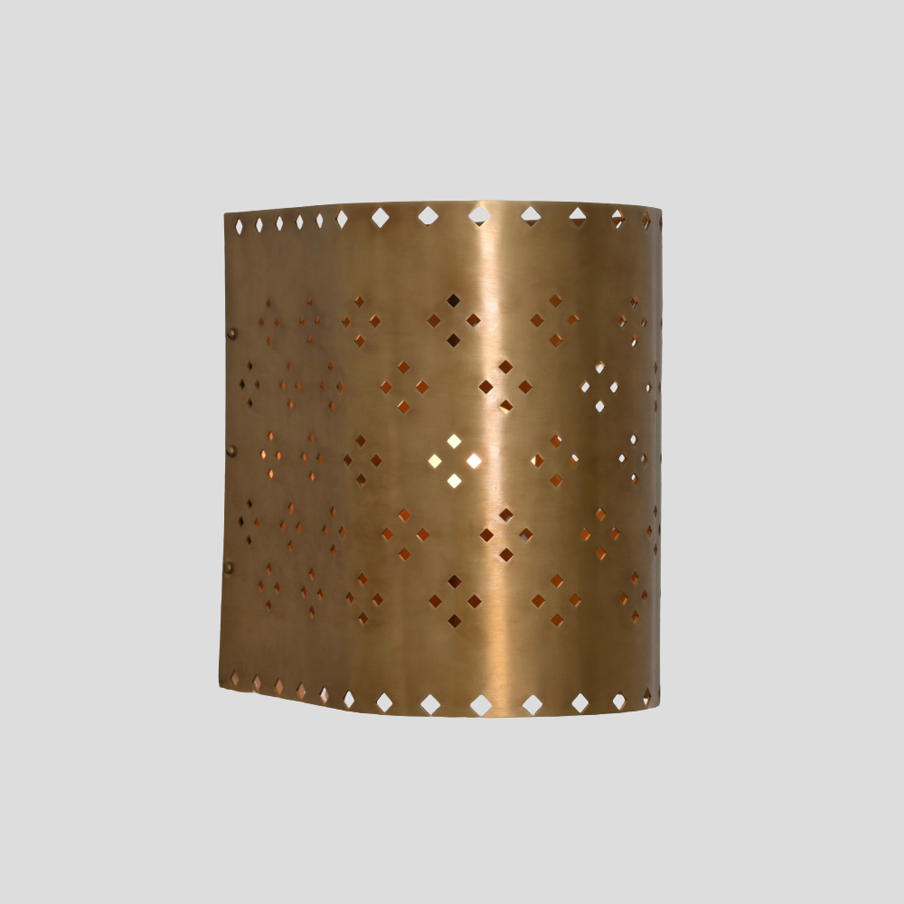 Perforated Cylinder Brass Sconce - Geometric Cut Diamond Wall Lamp with cylindrical brass shade, diamond cutout pattern, and perforated design