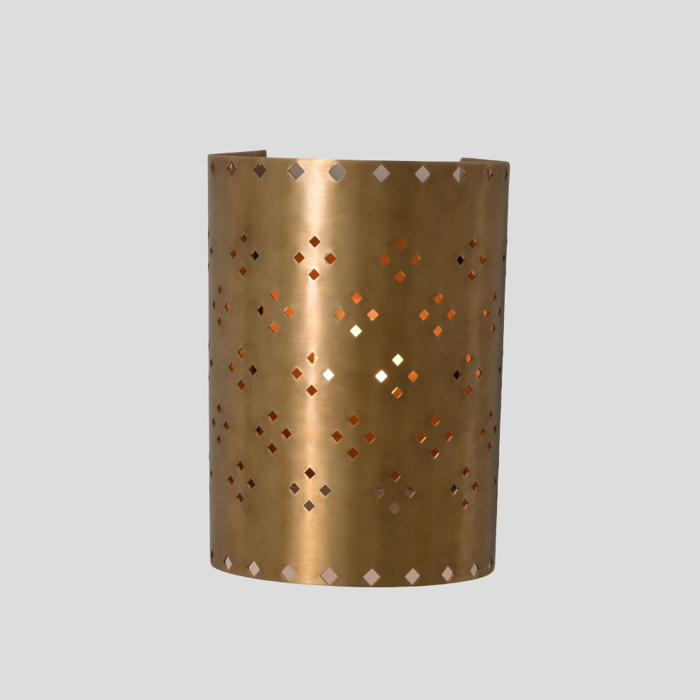 Perforated Cylinder Brass Sconce - Geometric Cut Diamond Wall Lamp with cylindrical brass shade, diamond cutout pattern, and perforated design