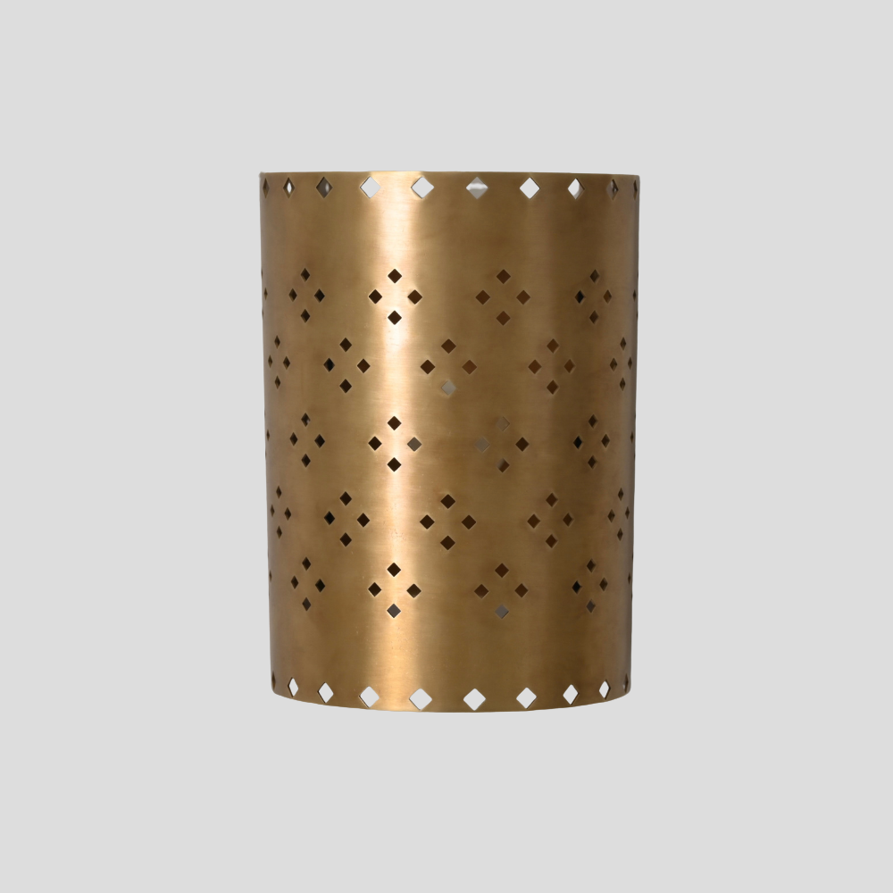 Perforated Cylinder Brass Sconce - Geometric Cut Diamond Wall Lamp with cylindrical brass shade, diamond cutout pattern, and perforated design