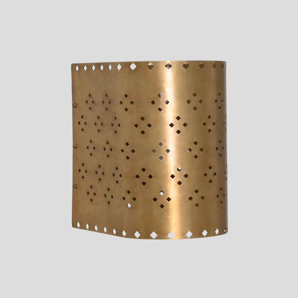 Perforated Cylinder Brass Sconce - Geometric Cut Diamond Wall Lamp with cylindrical brass shade, diamond cutout pattern, and perforated design