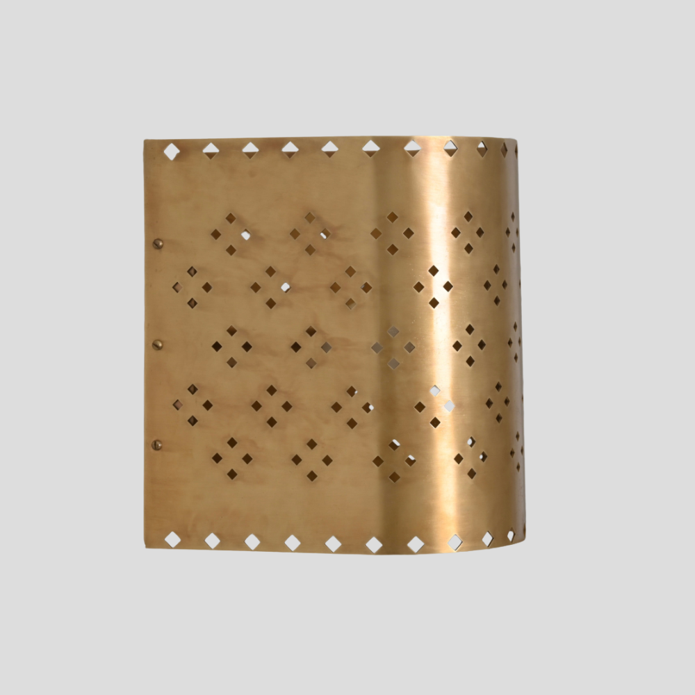 Perforated Cylinder Brass Sconce - Geometric Cut Diamond Wall Lamp with cylindrical brass shade, diamond cutout pattern, and perforated design