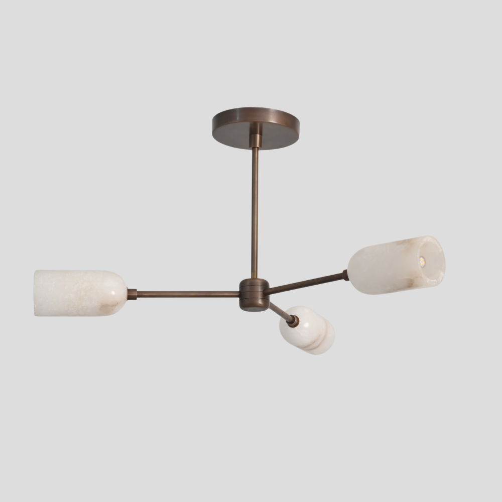 Triple Brass Alabaster Branch Pendant - Modern Brass Marble Ceiling Light with linear rod arms, cylindrical marble shade, and round ceiling canopy