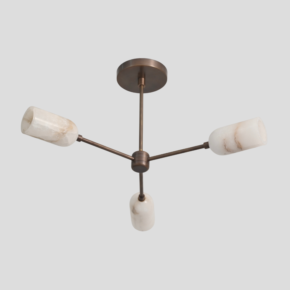 Triple Brass Alabaster Branch Pendant - Modern Brass Marble Ceiling Light with linear rod arms, cylindrical marble shade, and round ceiling canopy