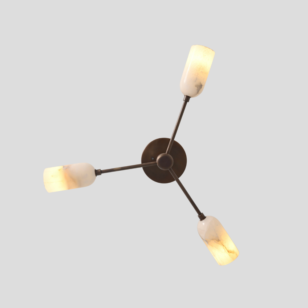 Triple Brass Alabaster Branch Pendant - Modern Brass Marble Ceiling Light with linear rod arms, cylindrical marble shade, and round ceiling canopy