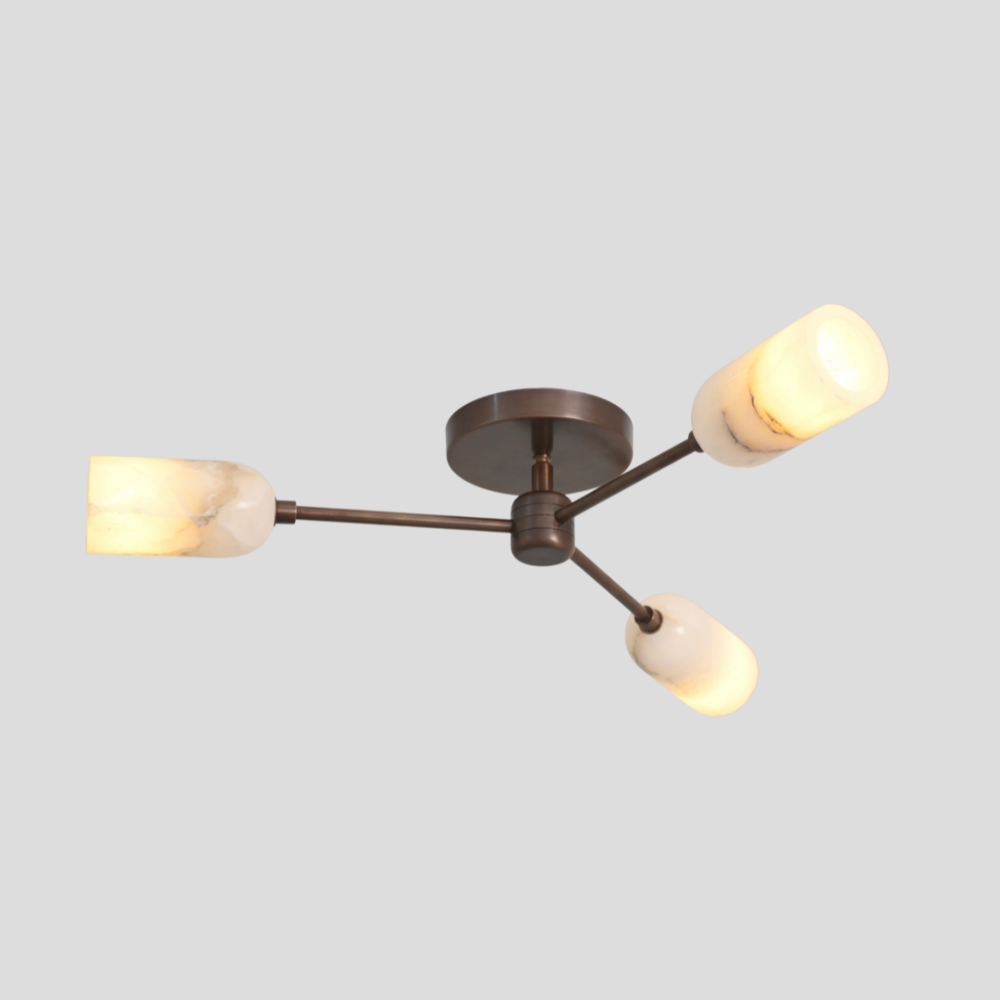 Triple Alabaster Brass Ceiling Light - Mid Century Branch Flush Mount with Alabaster Cylinder Shade and Branch Design Flush Mount in Antique Brass Finish