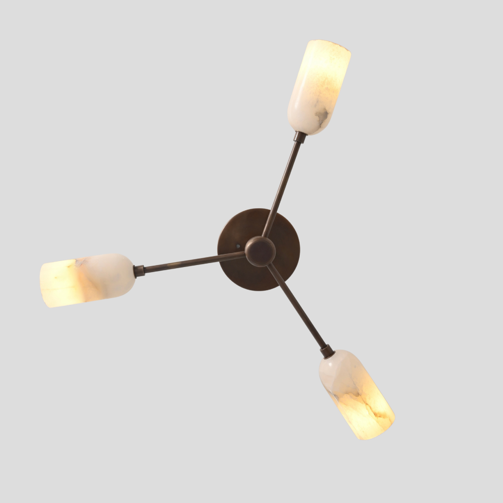 Triple Alabaster Brass Ceiling Light - Mid Century Branch Flush Mount with Alabaster Cylinder Shade and Branch Design Flush Mount in Antique Brass Finish
