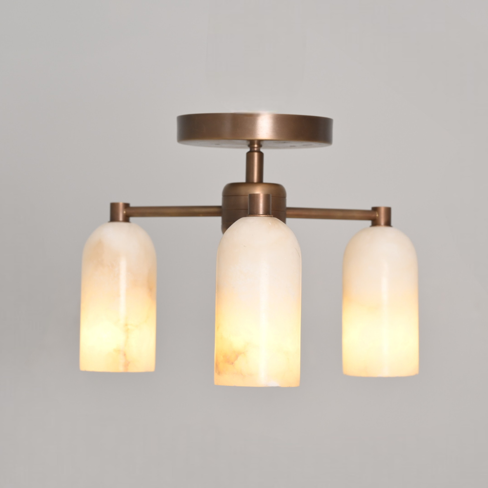 Mid century brass triple alabaster flush mount ceiling light