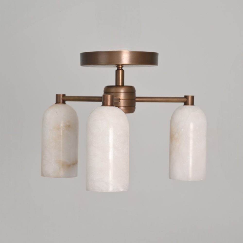 Triple Sculptural brass alabaster ceiling light fixture