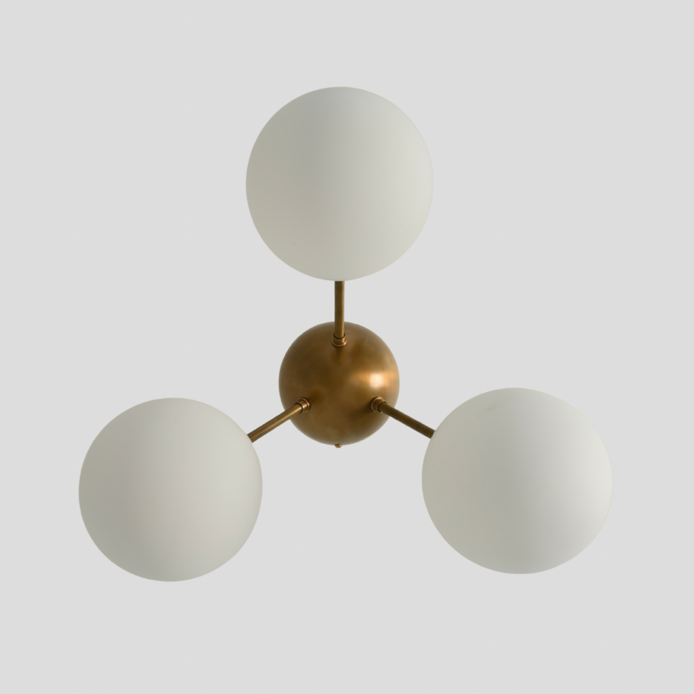 3 Light Mid Century Brass Flush Mount - Glass Globe Ceiling Light
