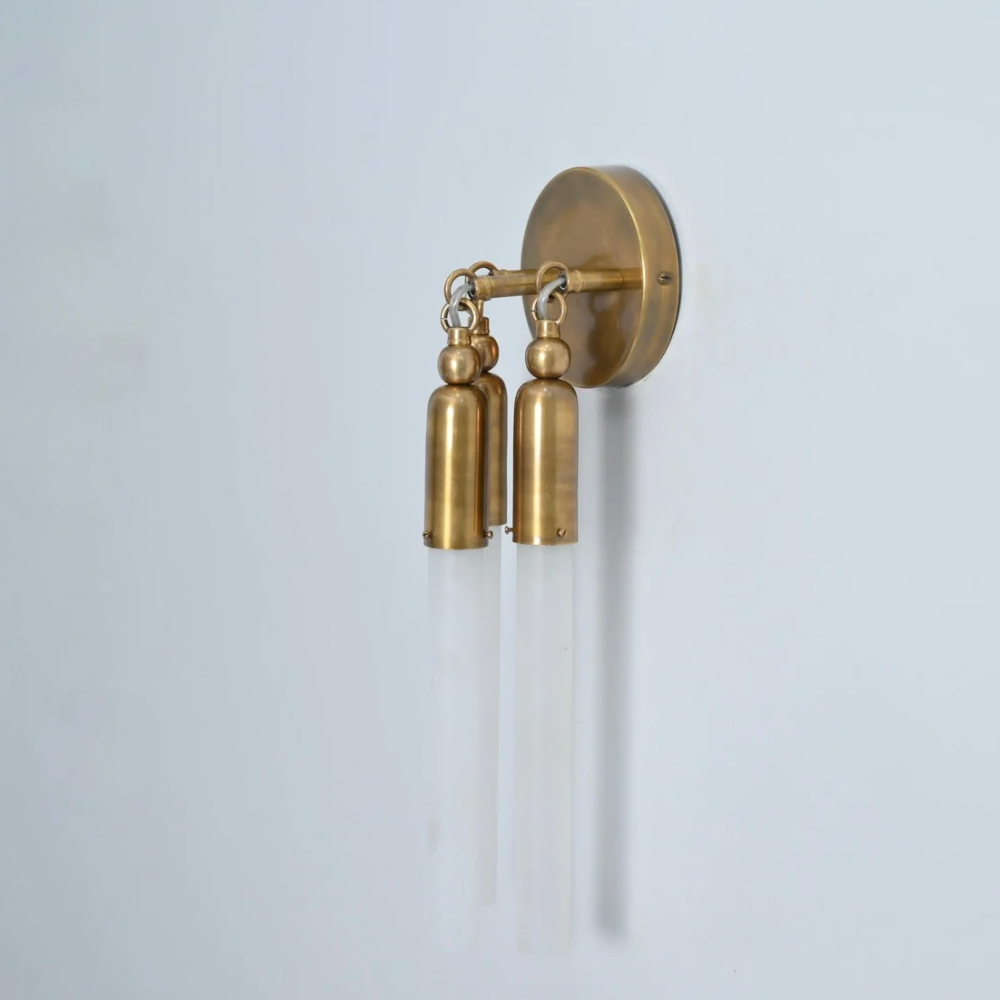 3 Light Brass Glass Tube Wall Sconce - Handmade Mid Century Wall Light