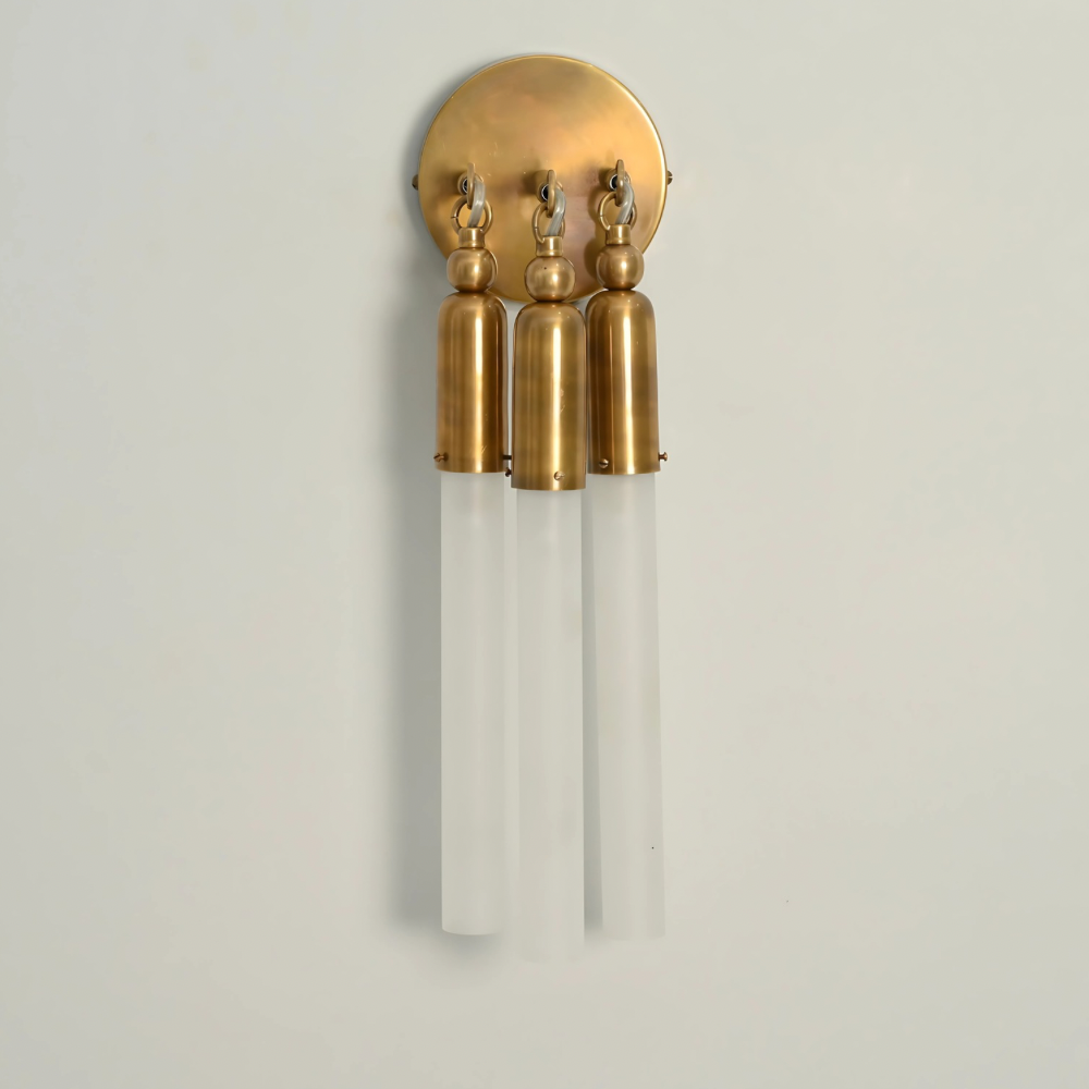 3 Light Brass Glass Tube Wall Sconce - Handmade Mid Century Wall Light