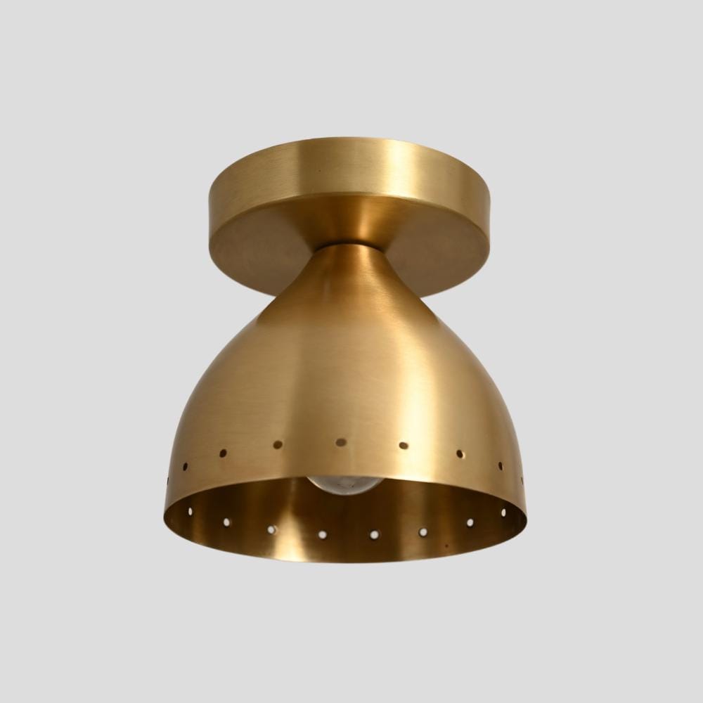 A gold-colored brass flush mount designer wall light with a minimalistic sconce and Italian ceiling light pendant fixtures.