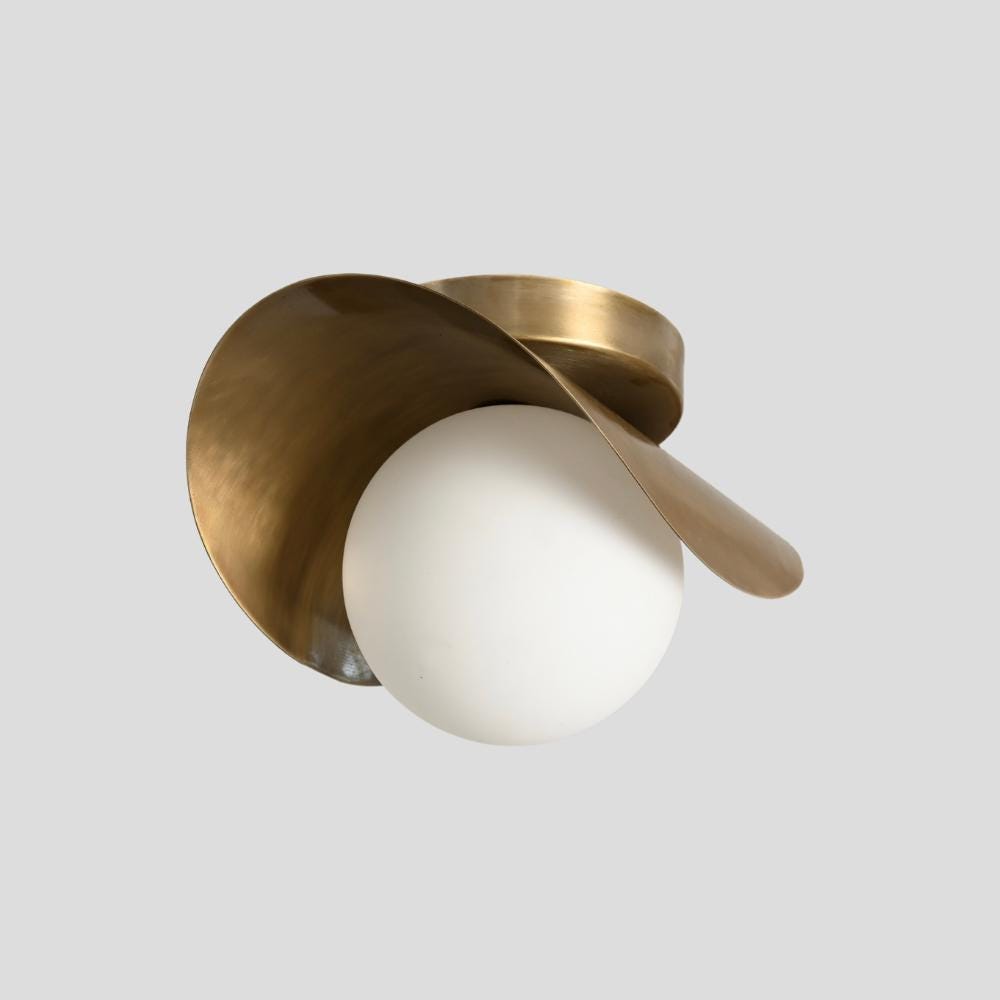 Raw Brass Flush Mount Ceiling Light - Curved Shade & Glass Globe