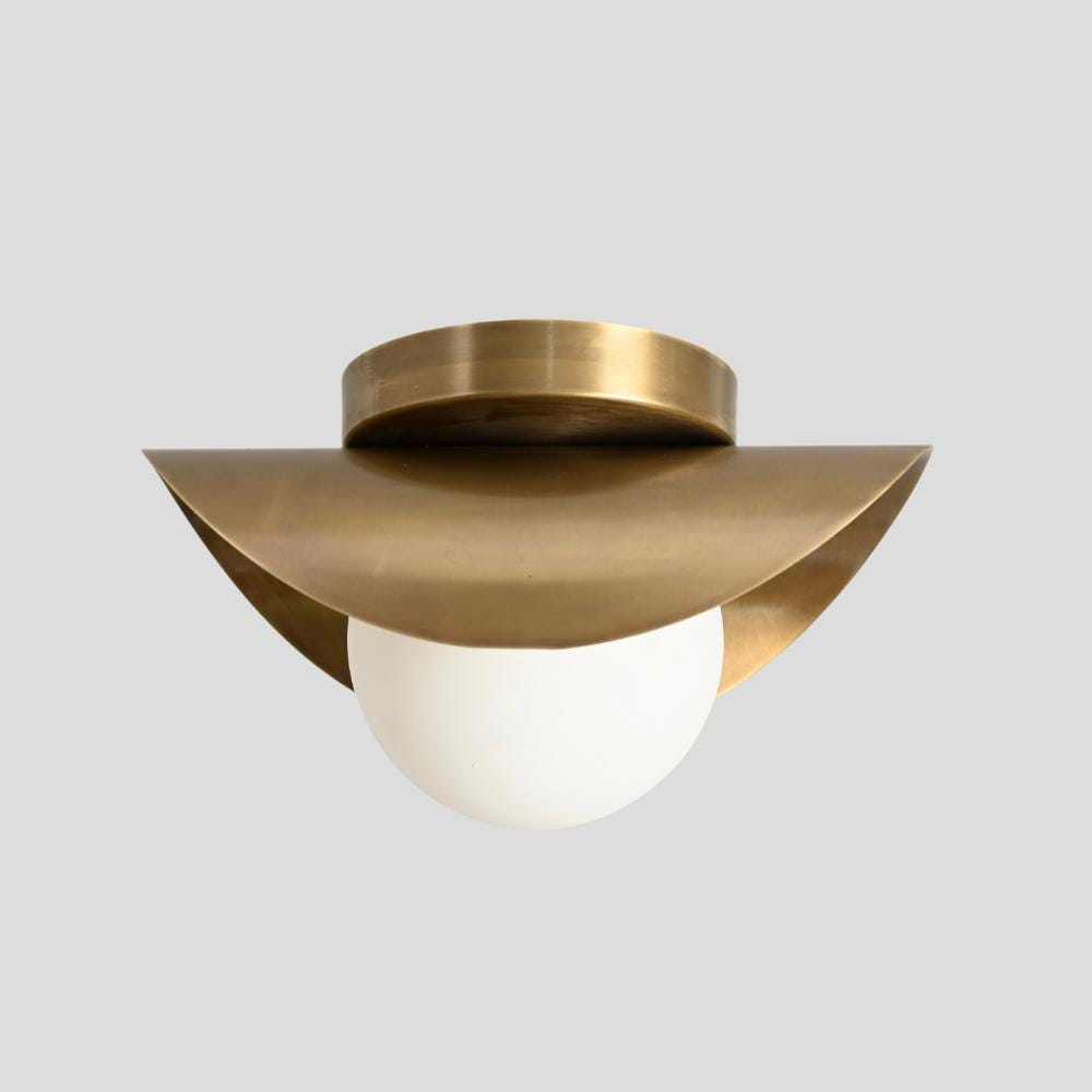 Raw Brass Flush Mount Ceiling Light - Curved Shade & Glass Globe
