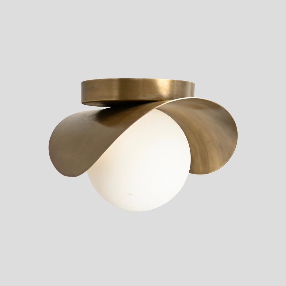 Raw Brass Flush Mount Ceiling Light - Curved Shade & Glass Globe
