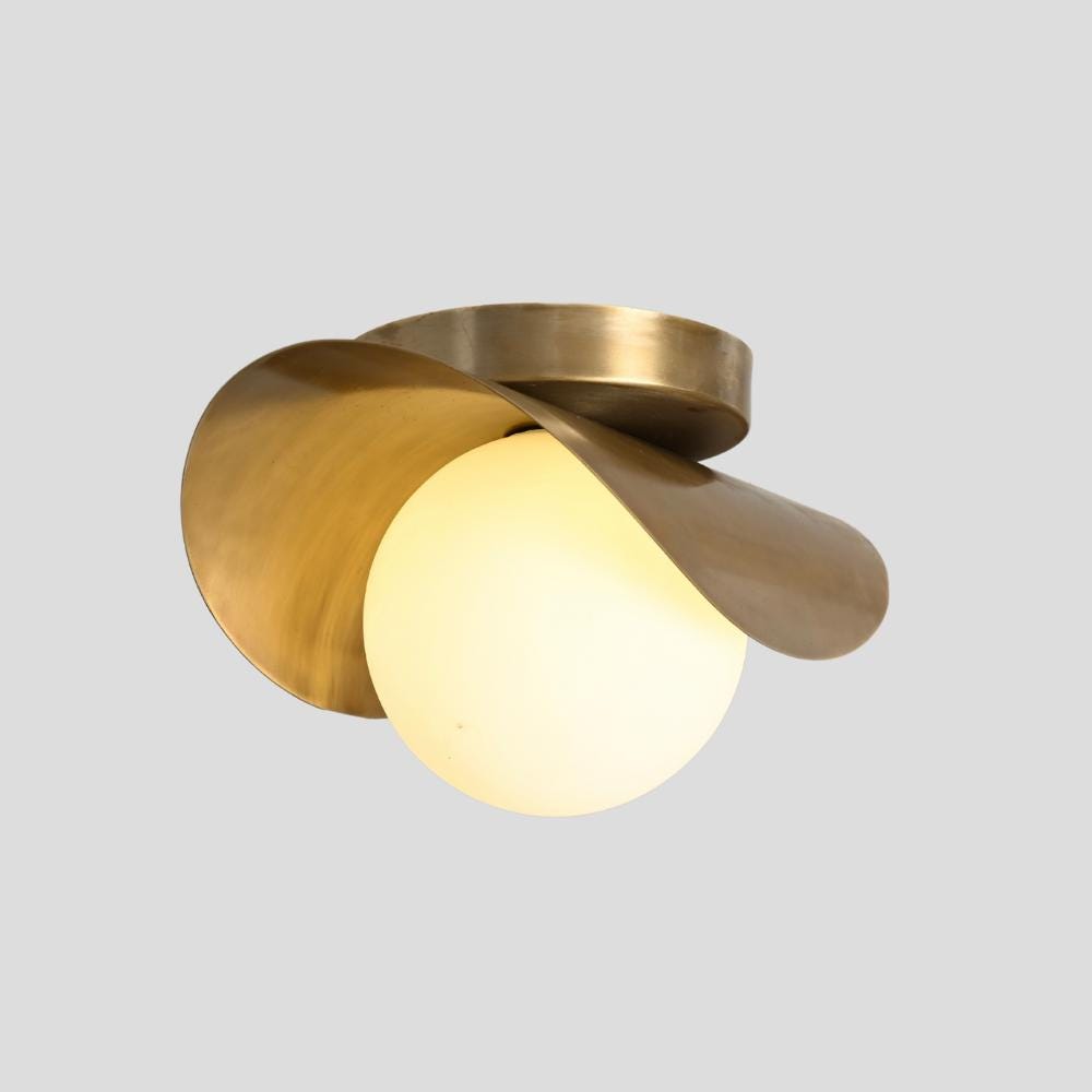 Raw Brass Flush Mount Ceiling Light - Curved Shade & Glass Globe