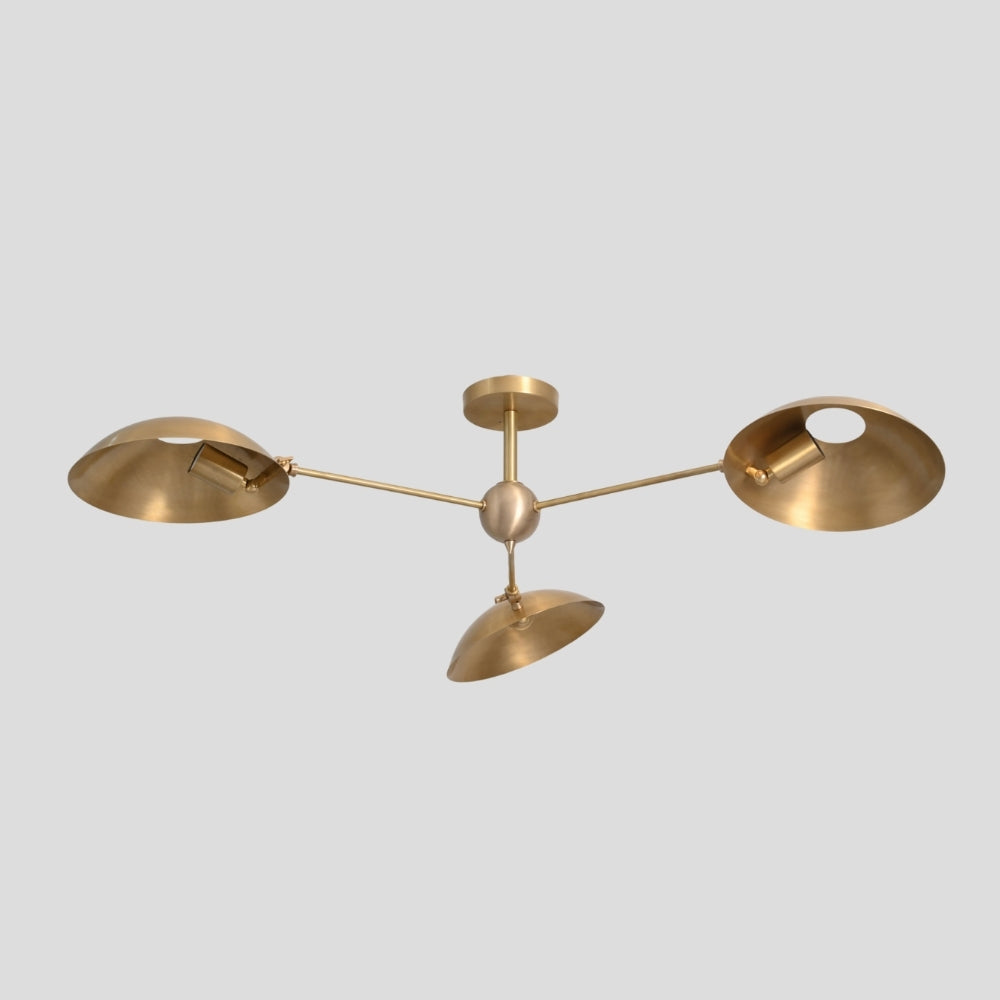 Three Arm Disc Downward Ceiling Light in Raw Brass