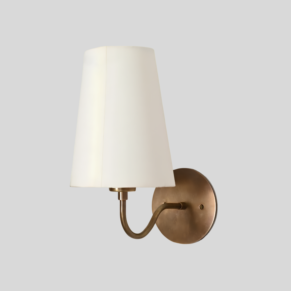 Small Curved Arm Linen Shade Sconce - Brass Bedside Wall Lamp
