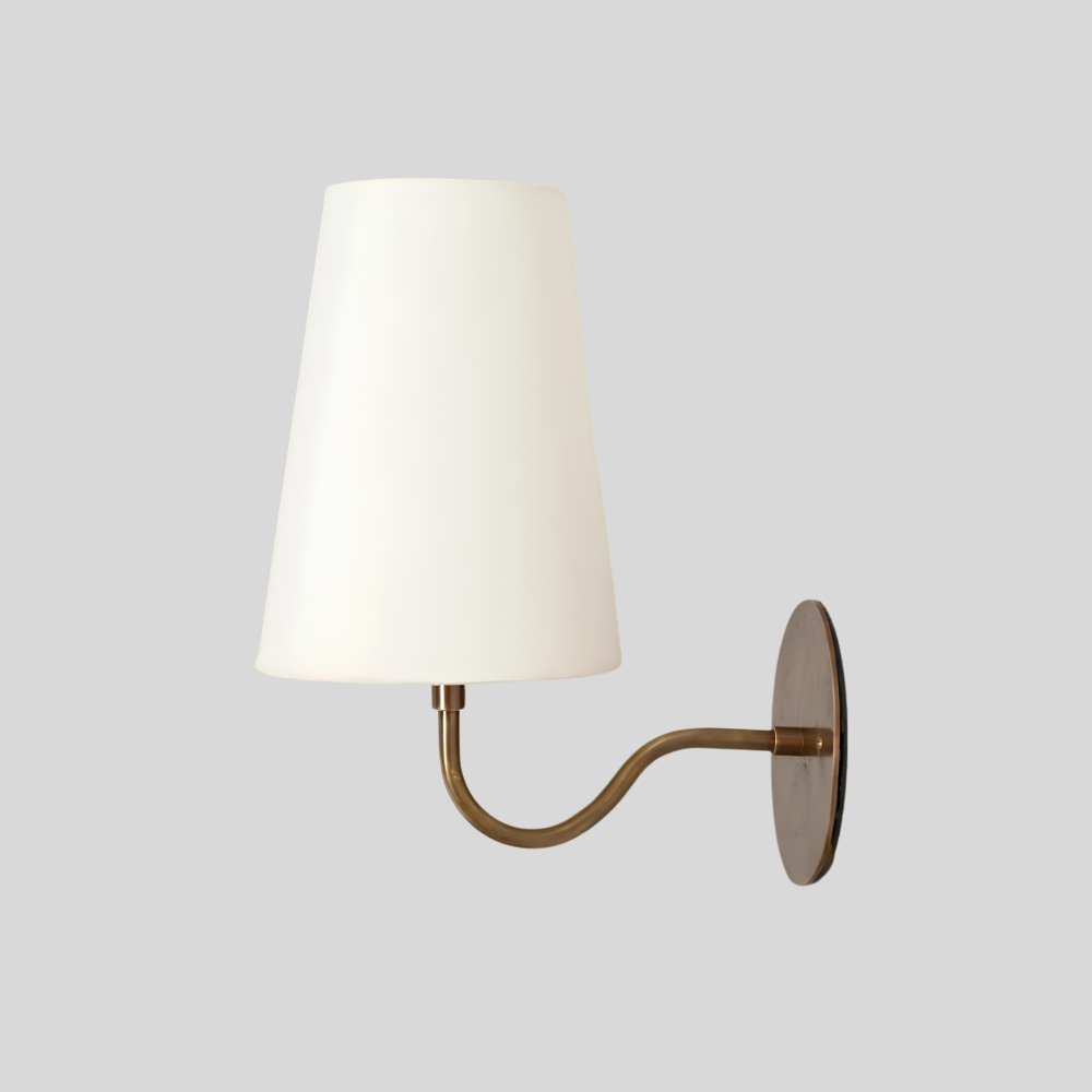 Small Curved Arm Linen Shade Sconce - Brass Bedside Wall Lamp